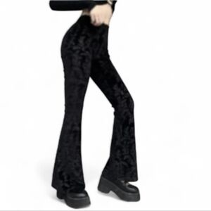 New Black Velvet Ditsy Floral Tonal Bell Bottom Pants NWT Sz S